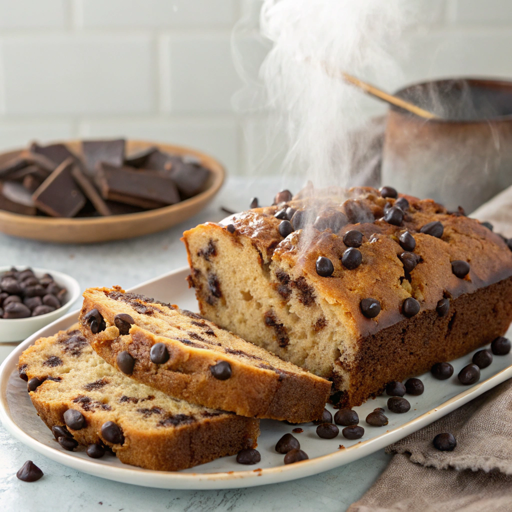  A decadent Chocolate Chip Summer Bread Cake served warm, featuring melted chocolate chips.