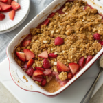 A delicious Rhubarb Strawberry Crisp served in a baking dish, topped with a golden crumble.rhubarb recipes