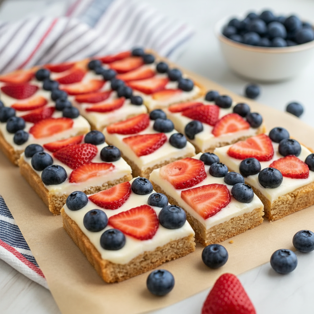 A delicious square Red, White & Blue Blueberry and Red Fruits Pie Bar topped with fresh blueberries and sliced strawberries, showcasing festive colors.