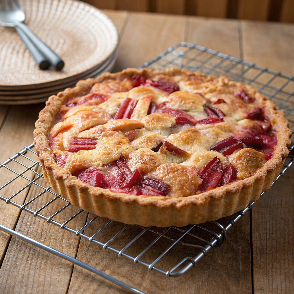 A freshly baked Rhubarb Pie cooling on a wire rack, showing its golden crust and bubbling filling. rhubarb recipes.