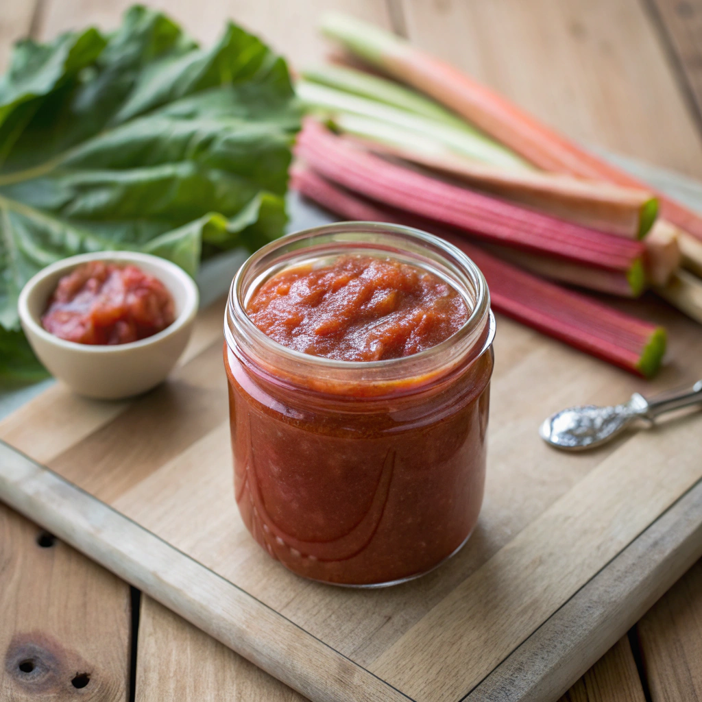 A jar of homemade Rhubarb Chutney set on a wooden kitchen table, showcasing its rich color and texture.rhubarb recipes