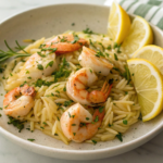 A plate of Lemon Garlic Shrimp Orzo, showcasing shrimp sautéed in garlic and lemon with fluffy orzo pasta.Bright and zesty Lemon Garlic Shrimp Orzo.Shrimp and Orzo Recipes