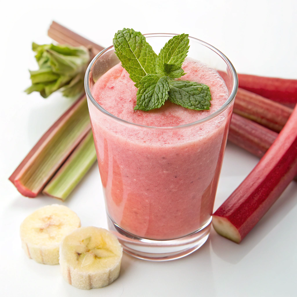 A refreshing Rhubarb Smoothie served in a glass with a slice of rhubarb and a fresh banana.rhubarb recipes