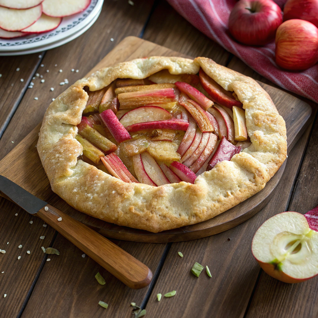  A rustic Rhubarb and Apple Galette displayed on a wooden table, showcasing its rustic charm and flaky crust.rhubarb recipes.