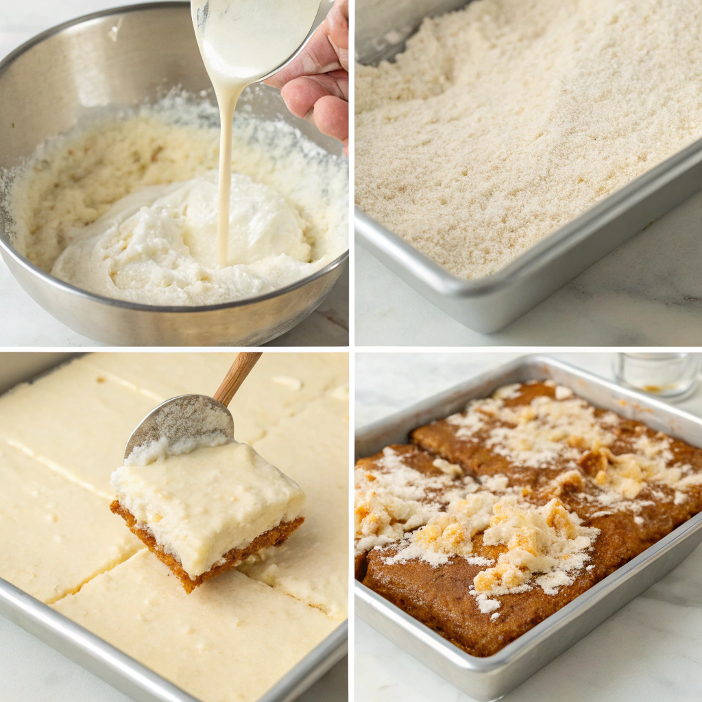 A step-by-step guide showcasing the preparation process of Coconut Cream Picnic Bars, including mixing ingredients and pouring batter.
