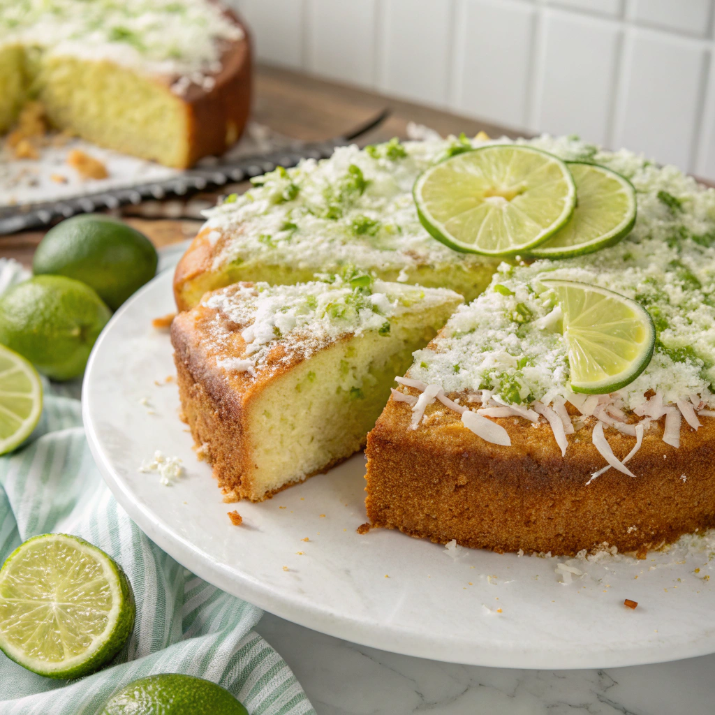  A vibrant Coconut Lime Summer Bread Cake adorned with lime zest and shredded coconut.