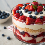 A vibrant Red White & Blue Berry Trifle layered with cake, whipped cream, and fresh berries.Red White & Blue Treats