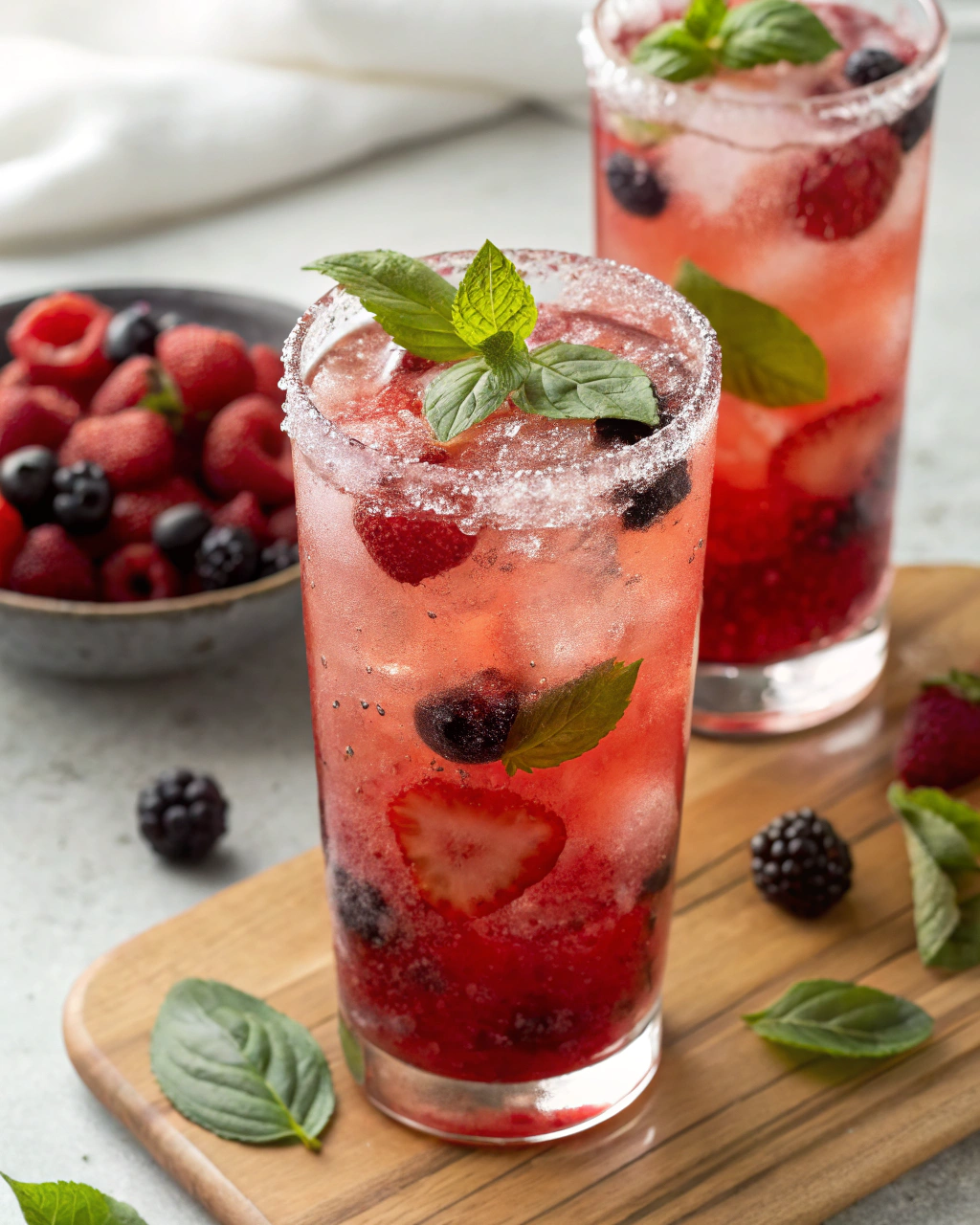 Berry Basil Lemonade with fresh berries and basil - Virgin Summer Drinks.