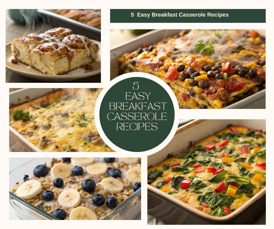 A collage of various Easy Breakfast Casserole Recipes including classic, veggie, and cinnamon roll casseroles