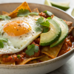 Chilaquiles topped with a fried egg, avocado, and cilantro, showcasing delicious Mexican Breakfast Recipes.