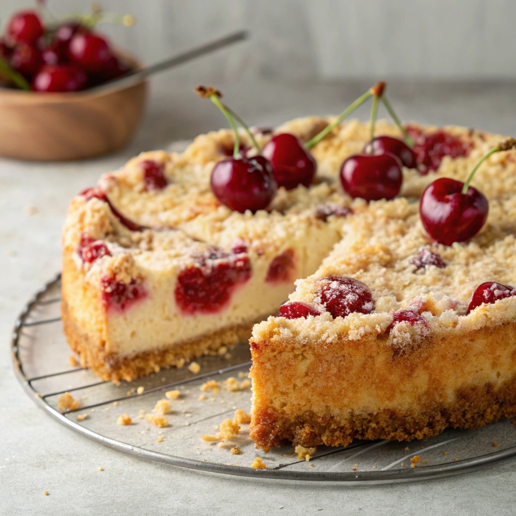 Delicious Cherry Cheesecake Crumb Cake topped with sweet cherry filling and a crumbly topping