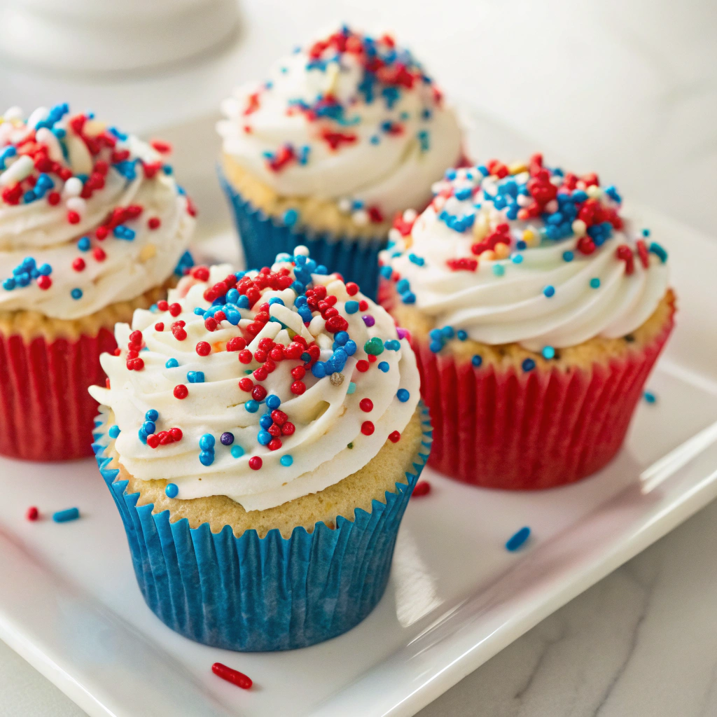 Festive Firecracker Sprinkle Cupcakes topped with colorful red, white, and blue sprinkles.Red White & Blue Treats