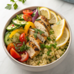 Grilled Lemon Herb Chicken Bowl with quinoa and fresh vegetables.