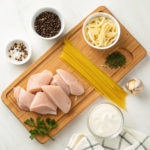 Ingredients for One Pot Creamy Chicken Pasta including chicken, pasta, cream, and spices