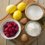 Ingredients for the Best Lemon Raspberry Loaf Cake arranged elegantly on a wooden table.