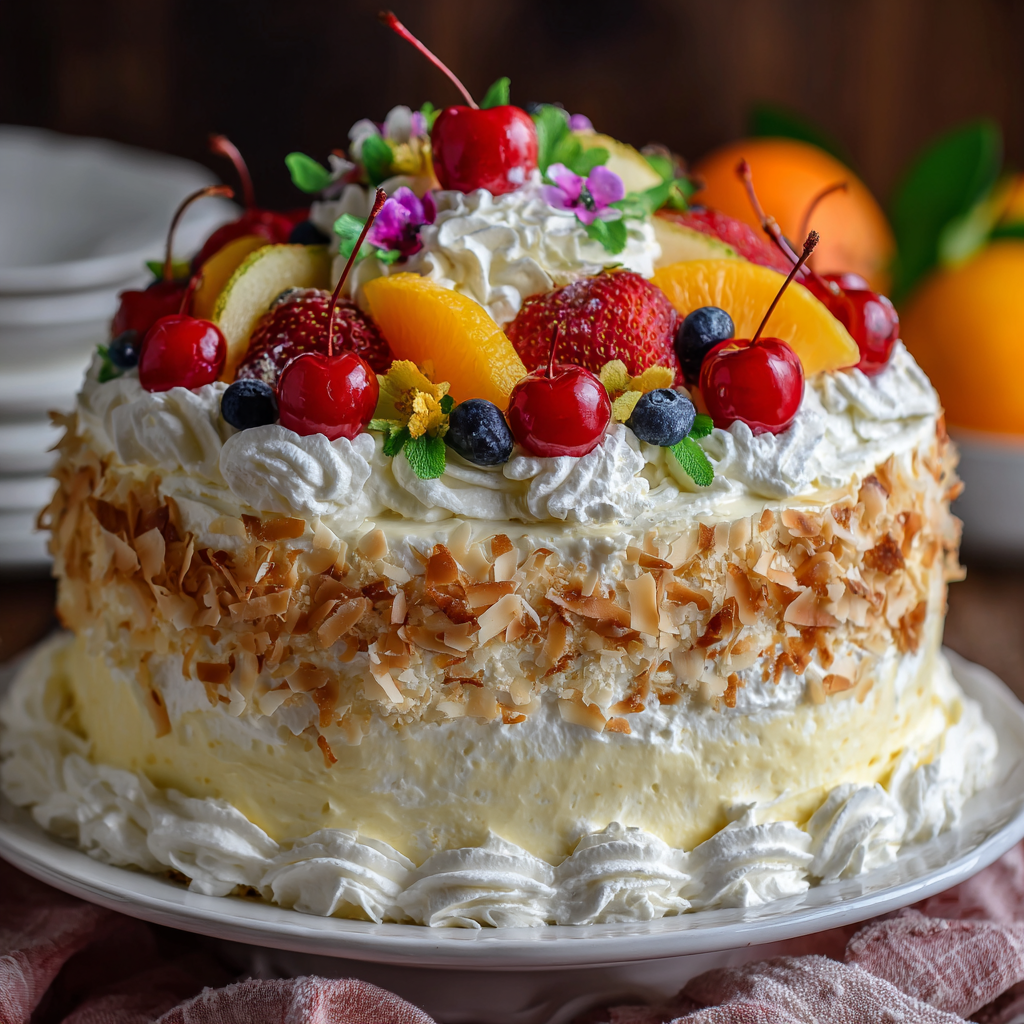 A whole Easy Coconut Cream Cake with Cake Mix topped with fruit and whipped cream.