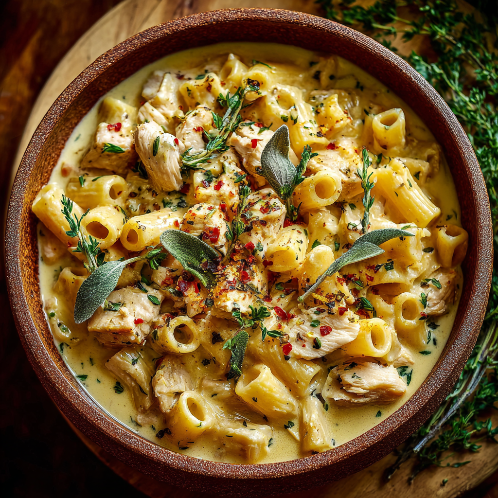 Delicious bowl of One Pot Creamy Chicken Pasta garnished with fresh herbs.