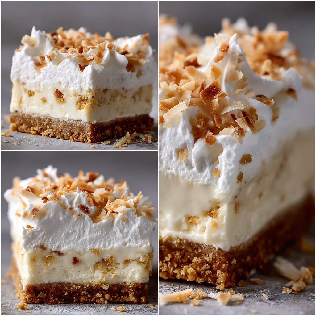 A close-up view of Coconut Cream Picnic Bars showing the creamy texture and coconut topping.