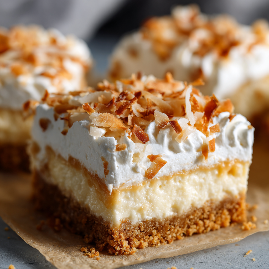 A single Coconut Cream Picnic Bar topped with a dollop of whipped cream and sprinkled with toasted coconut flakes.