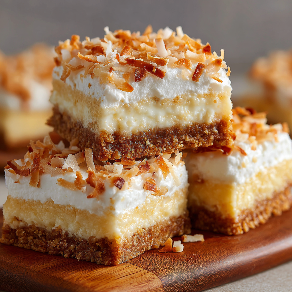 Coconut Cream Picnic Bars served on a white plate, garnished with fresh coconut flakes and tropical fruits.