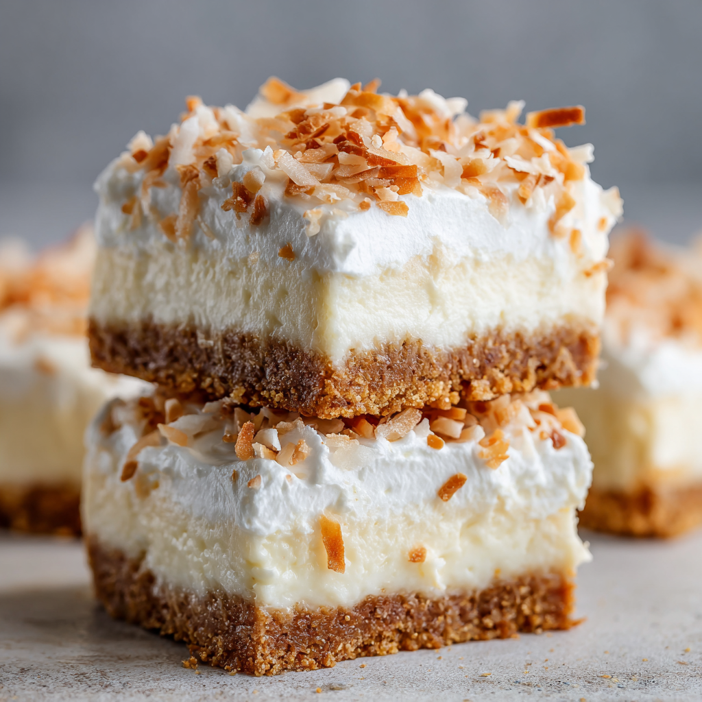A beautifully arranged platter of Coconut Cream Picnic Bars, showing several bars garnished with coconut flakes and tropical accents.