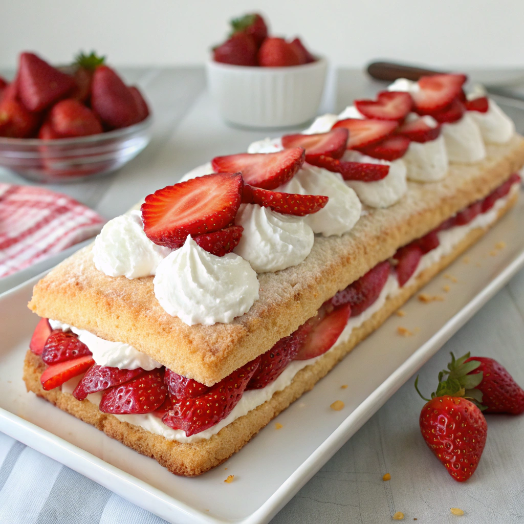 A slice of Strawberry Shortcake Summer Bread Cakes topped with whipped cream and fresh strawberries.