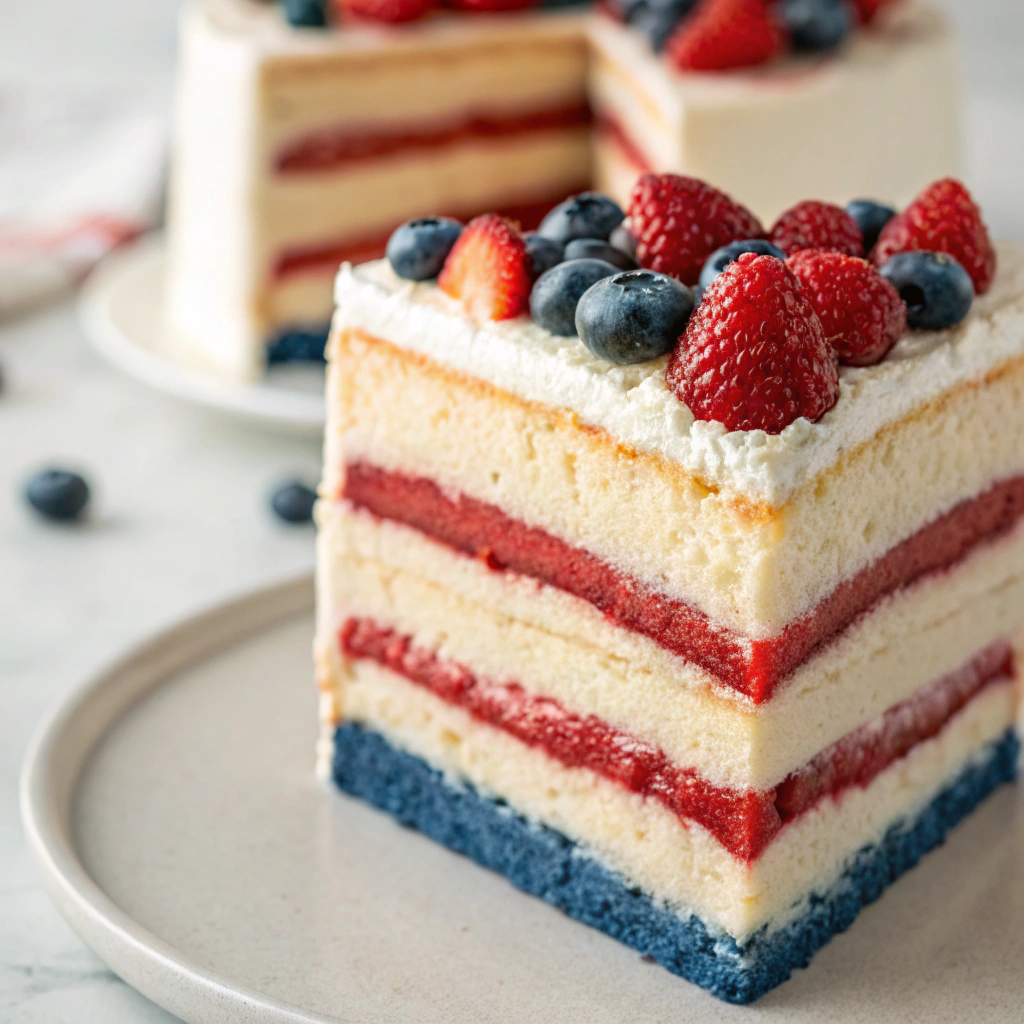 Stunning Patriotic Vanilla Layer Cake with red, white, and blue layers, decorated with fresh berries