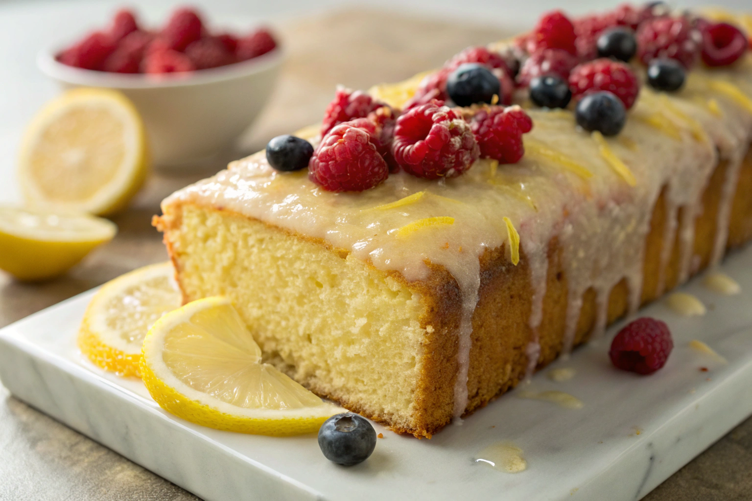 The Best Lemon Raspberry Loaf Cake topped with a lemon glaze and garnished with berries.