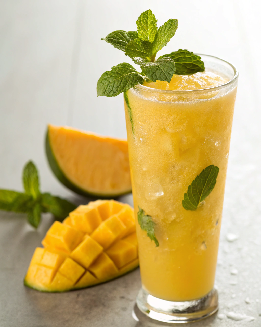 Tropical Mango Mocktail with vibrant mango puree and mint leaves - Virgin Summer Drinks.