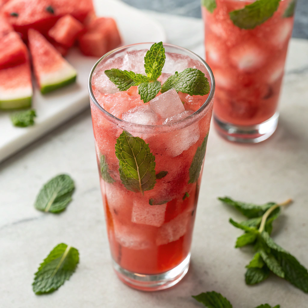 Watermelon Mint Refresher with watermelon cubes and mint - Virgin Summer Drinks.