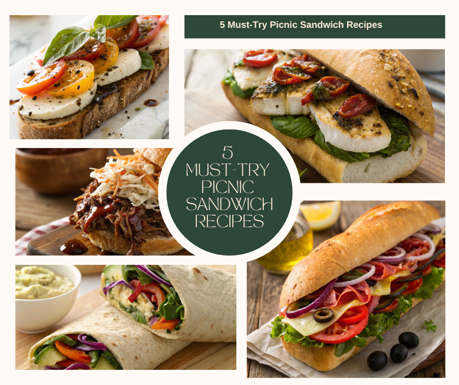 Delicious spread of 5 Must-Try Picnic Sandwich Recipes arranged on a picnic blanket