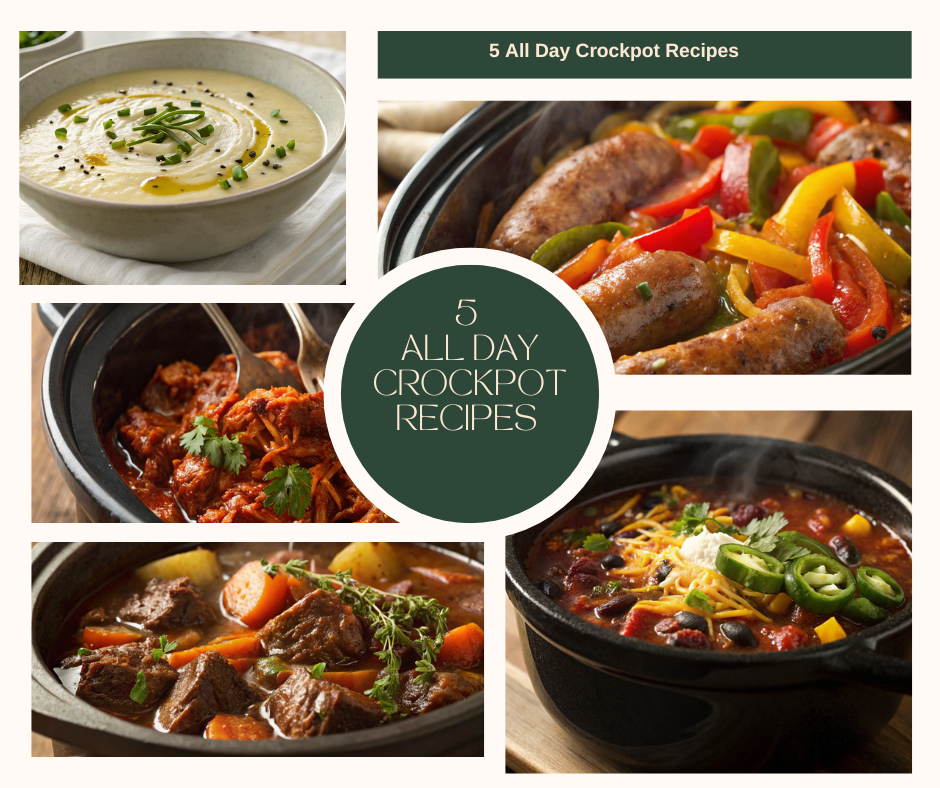 A selection of All Day Crockpot Recipes including beef stew, BBQ chicken, vegetarian chili, sausage and peppers, and potato leek soup