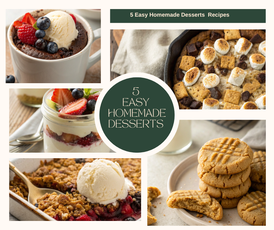 Easy homemade desserts for weeknight family dinners — five quick dessert recipes: mug cake, berry crisp, cheesecake jars, peanut butter cookies, skillet s’mores