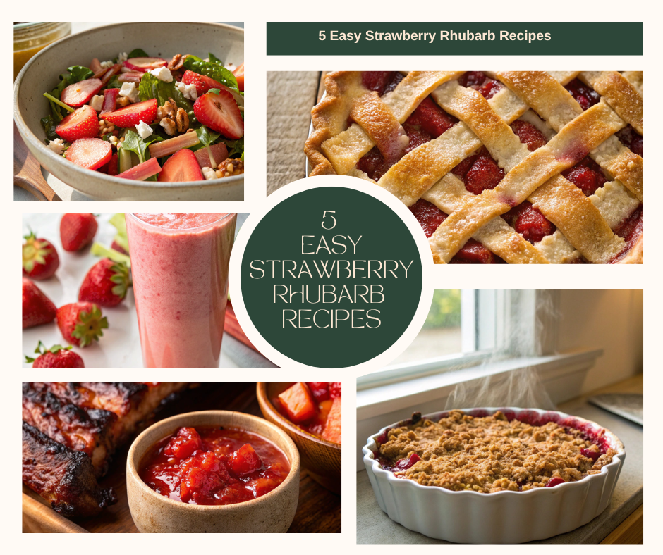 Collection of Strawberry Rhubarb Recipes including pie, crisp, smoothie, barbecue sauce, and salad.