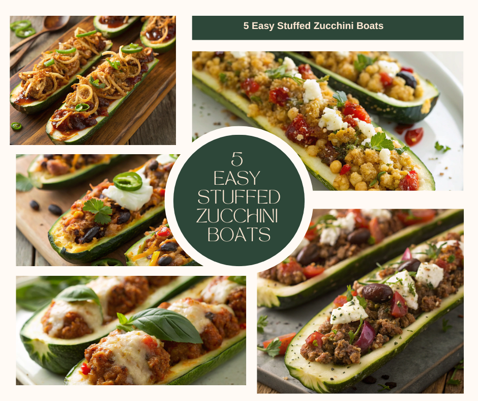 Easy Stuffed Zucchini Boats variety platter showing five stuffed zucchini recipes