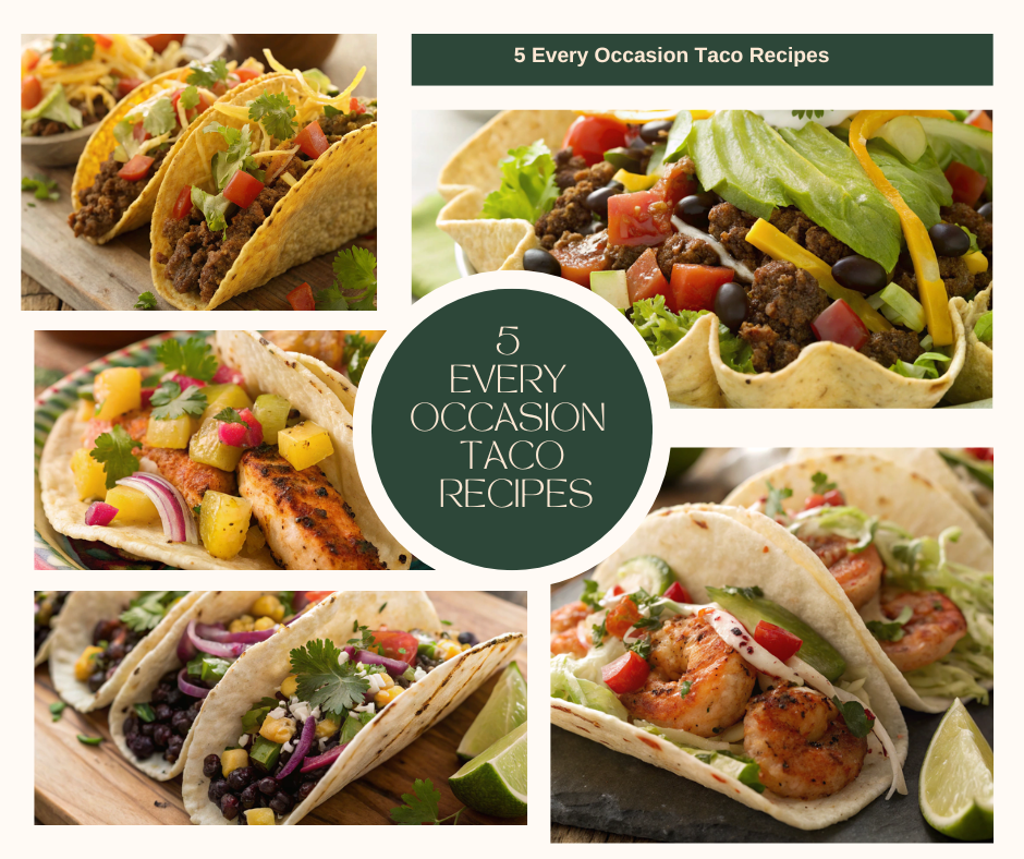 Delicious Every Occasion Taco Recipes displayed with an assortment of vibrant tacos and toppings