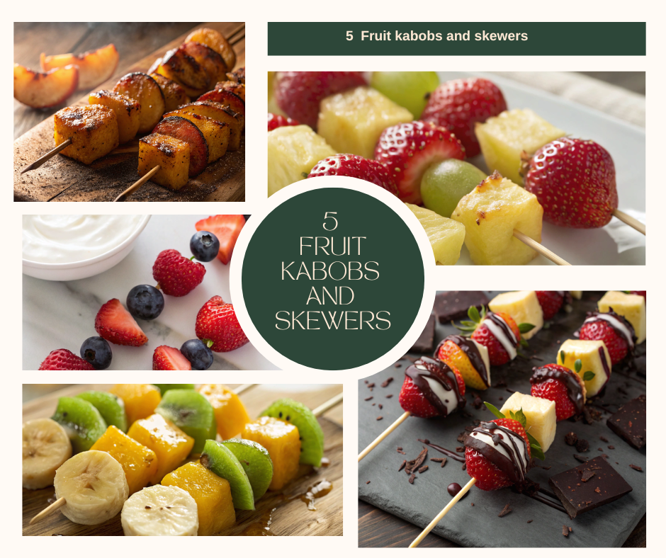 A vibrant platter of assorted fruit kabobs including strawberries, pineapple, bananas, and kiwi, ready to be enjoyed at a gathering.