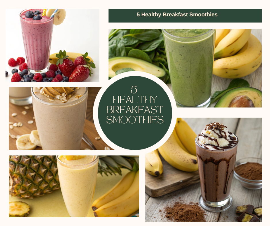 A collection of colorful healthy breakfast smoothies including berry, green, tropical, chocolate, and peanut butter variations.