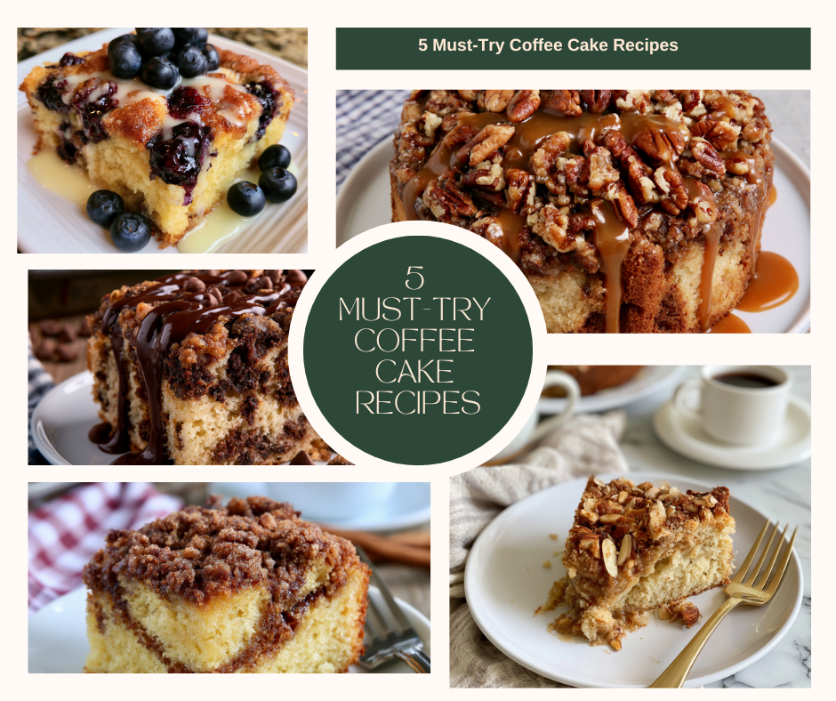 A collection of delicious coffee cakes including Classic Cinnamon Swirl, Lemon Blueberry, Gluten-Free Almond, Chocolate Chip, and Caramel Pecan coffee cakes.