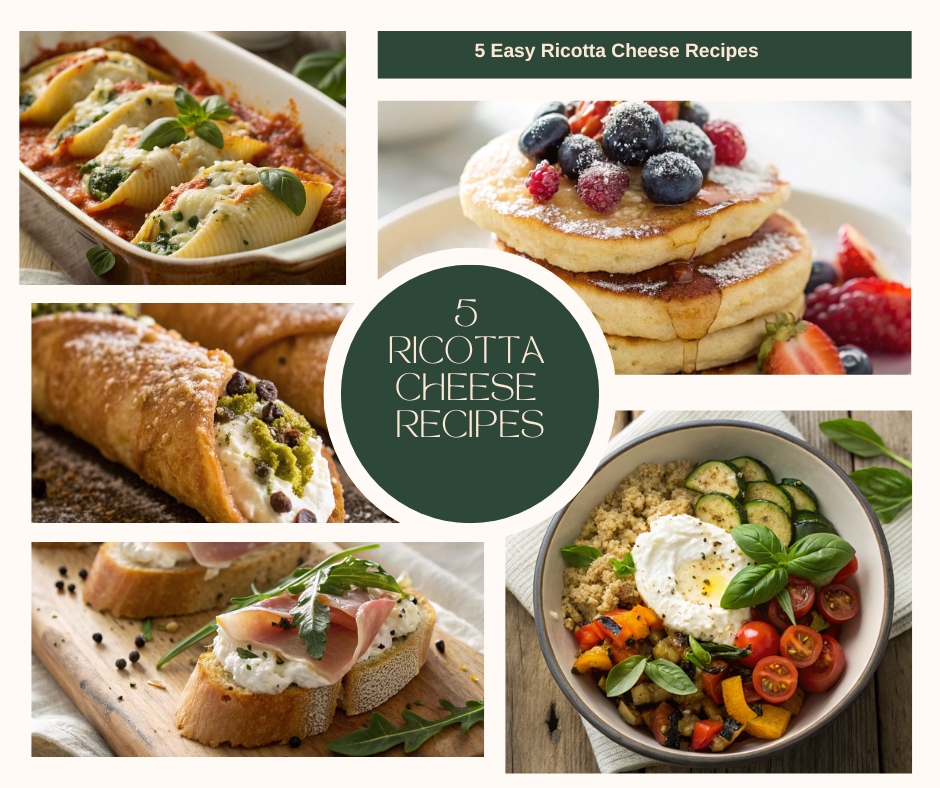 Ricotta Cheese Recipes — collage of ricotta stuffed shells, lemon ricotta pancakes, grain bowl, cannoli, and prosciutto crostini