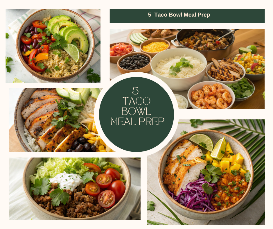 Taco Bowl Meal Prep assortment with various colorful taco bowls.