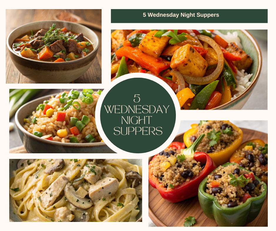 A collage of five delicious Wednesday night supper recipes including creamy chicken pasta, tofu stir-fry, stuffed peppers, beef stew, and fried rice.