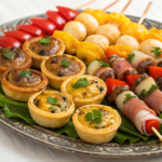 A colorful assortment of savory finger foods including mini quiches, stuffed mushrooms, and skewered meats on a decorative platter.