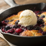 Quick Homemade Dessert Ideas — skillet berry cobbler with golden biscuit topping and vanilla ice cream