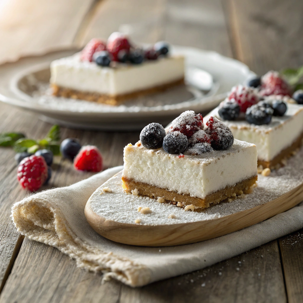 A stunning photo of Easy No-Bake Cheesecake Bars presented on a rustic wooden table.