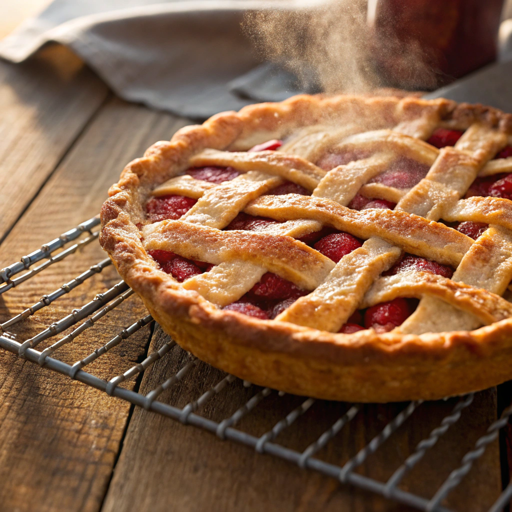 Finished easy strawberry rhubarb pie on a cooling rack