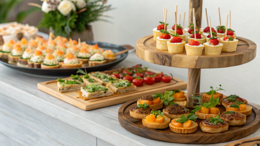 A vibrant and inviting spread of delicious finger food ideas, including savory bites, dips, and colorful garnishes on a buffet table