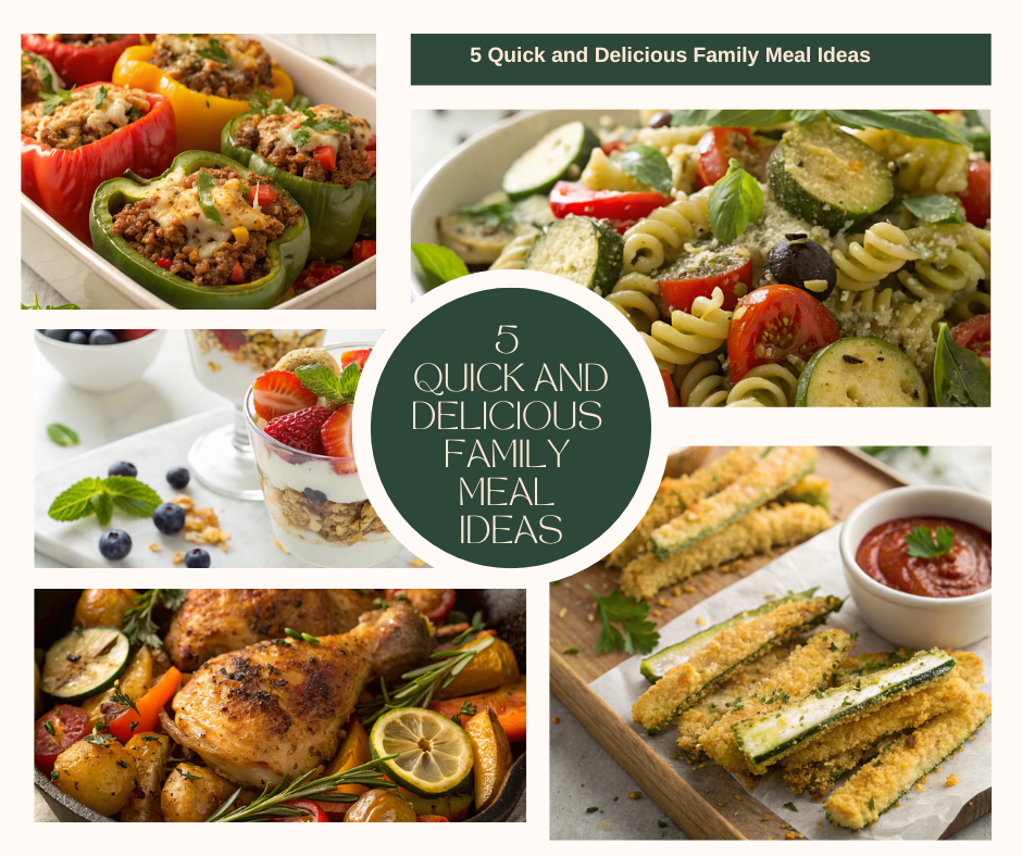 Quick and Delicious Family Meal Ideas Collection - Featuring One-Pan Chicken, Stuffed Peppers, Pasta Salad, Zucchini Fries, and Parfaits