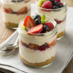 Easy homemade desserts for weeknight family dinners — no-bake cheesecake jars topped with mixed fruit