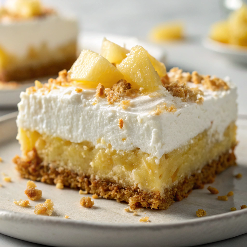 Close-up of no bake pineapple lush dessert layers.
